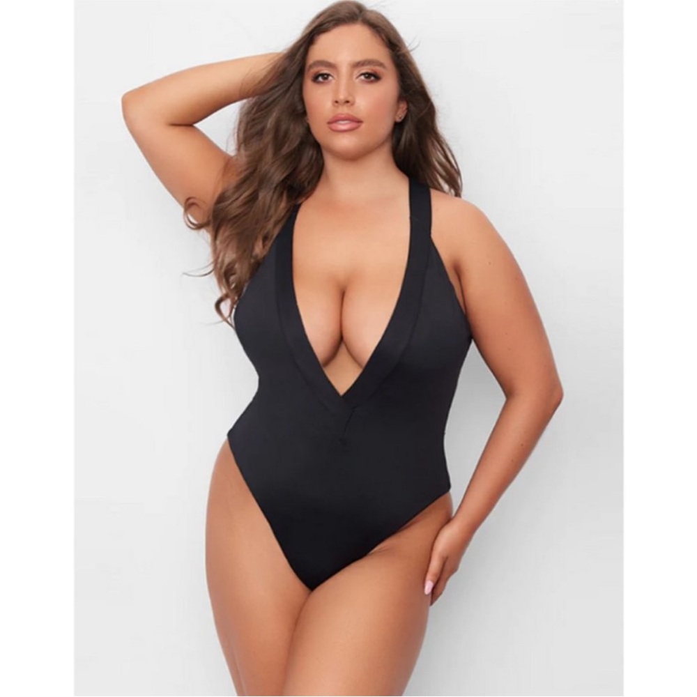 Frederick's of Hollywood‎ Naxos Black Deep-Plunge One Piece Swimsuit Sz M NEW
